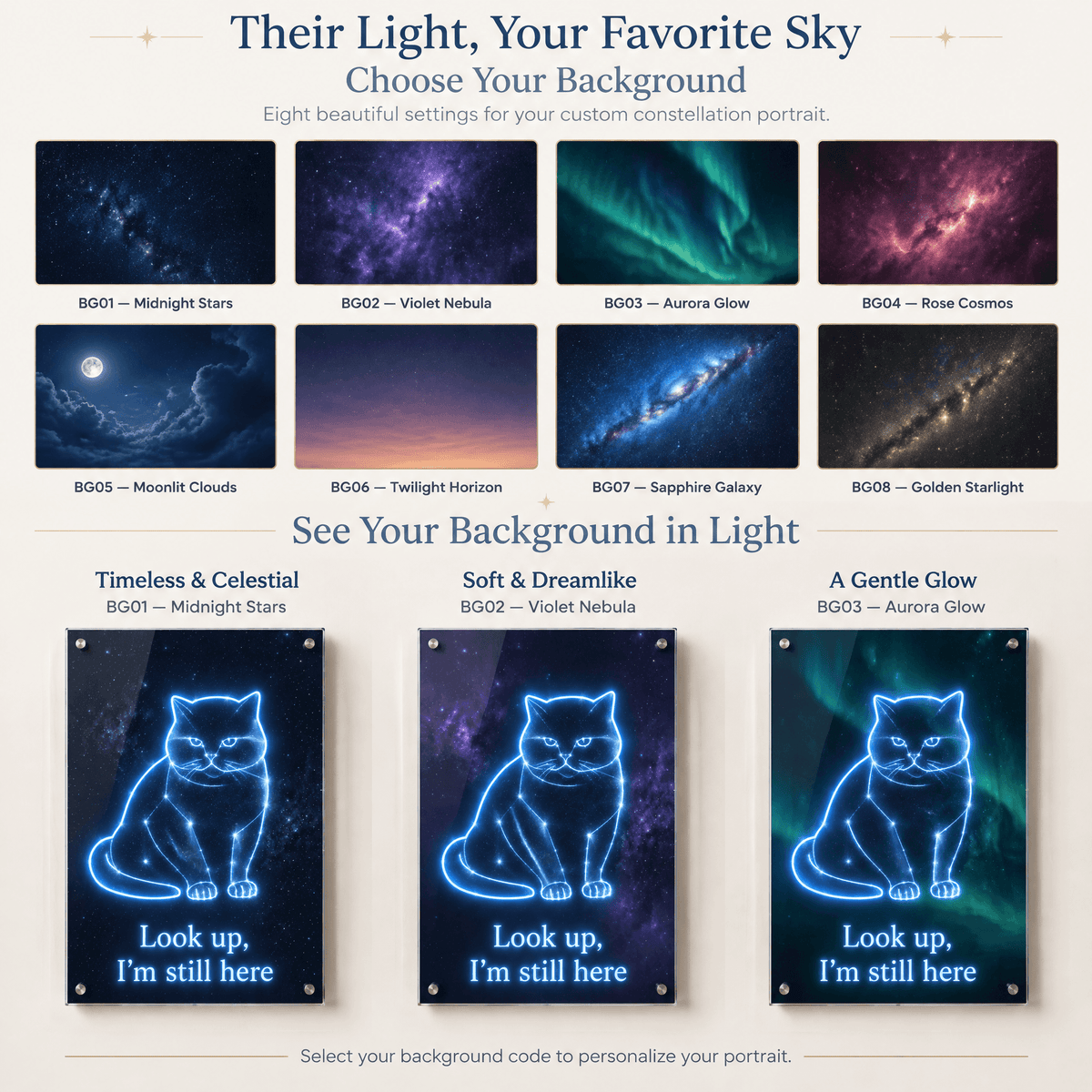 Custom pet memorial constellation portrait ordering guide Step 3 choose background options showing celestial and galaxy sky themes.