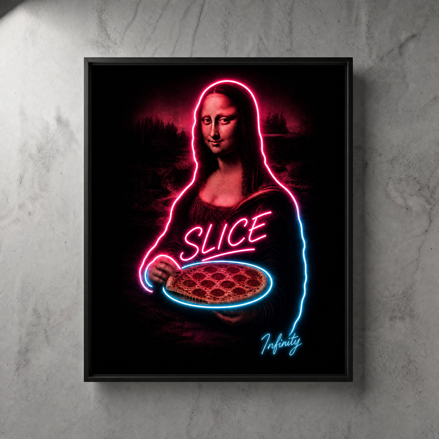 Mona Lisa Eating Pizza Neon Wall Art – UV Printed Custom LED Neon Artwork