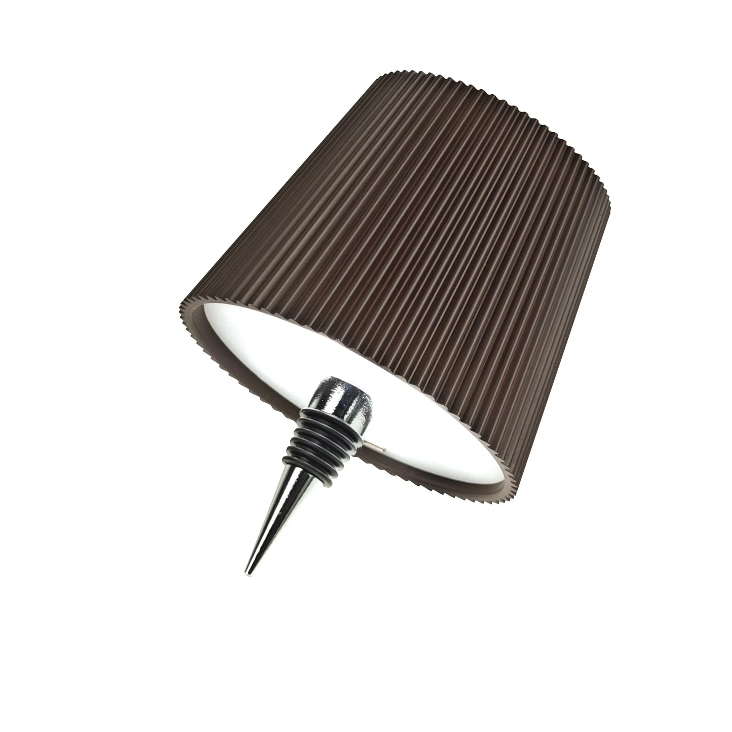 Brown ribbed lampshade with silver cone-shaped lamp holder and rubber rings