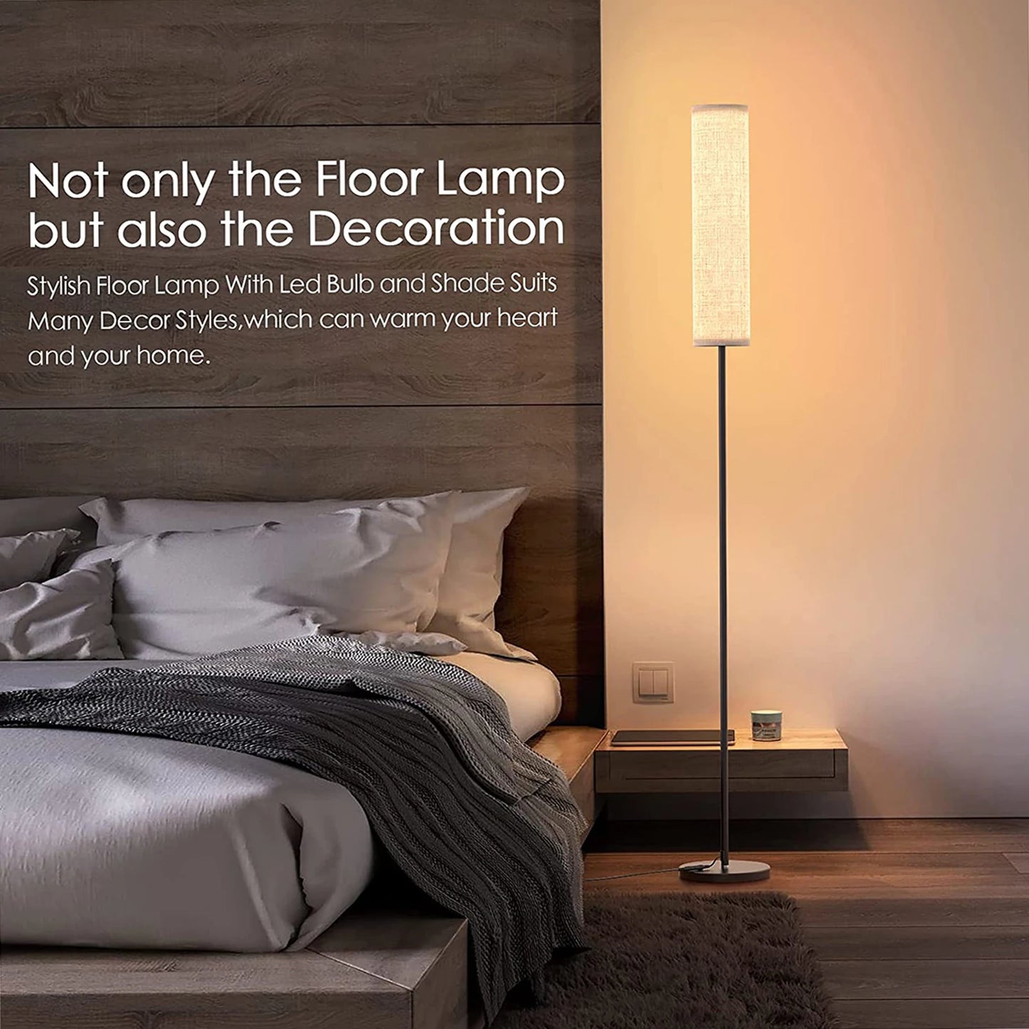 126-LED floor lamp with fabric shade; 12W, 800 lumens, adjustable 2800K–7000K, magnetic remote controller, beside a bed