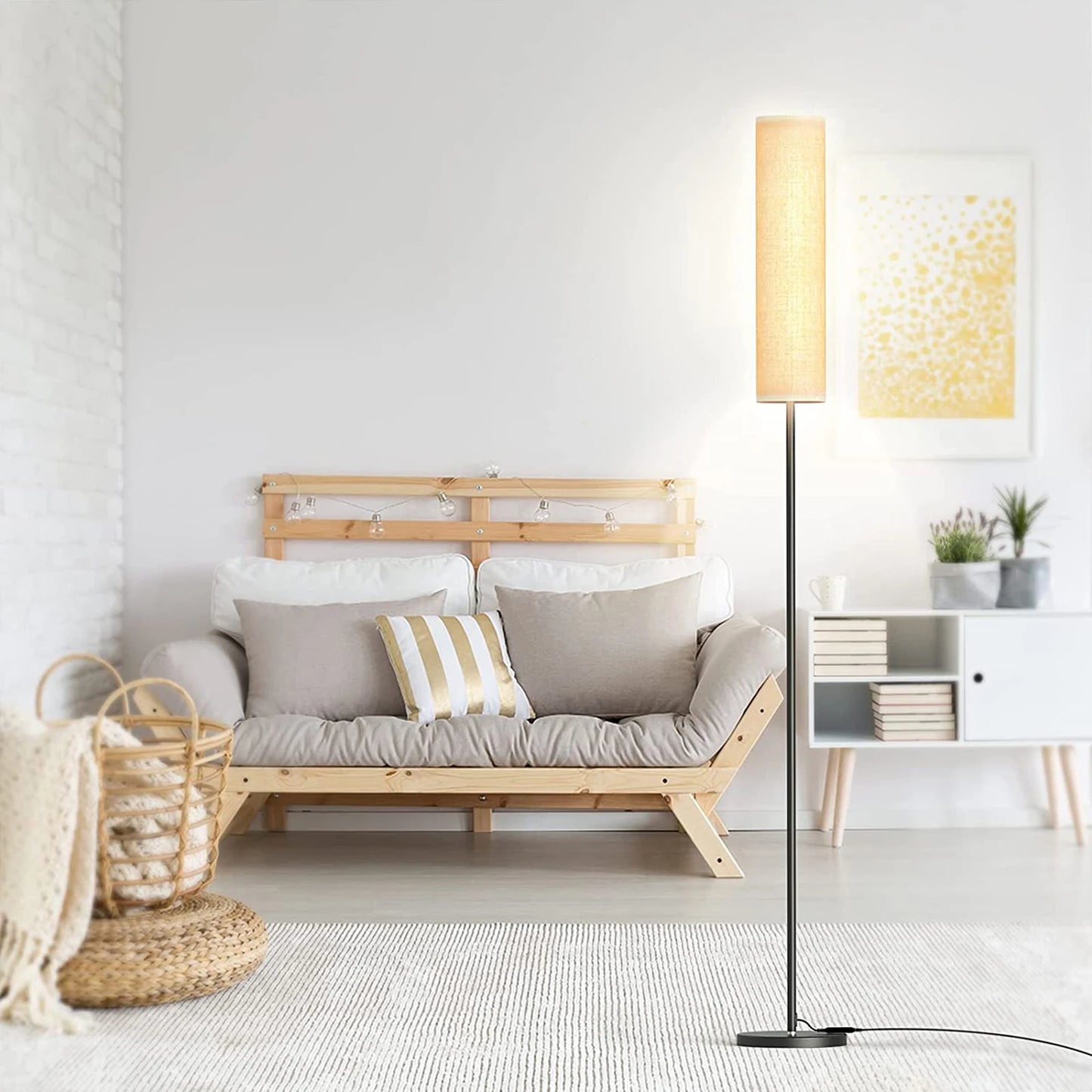 126-LED floor lamp with adjustable 2800K-7000K color temperature and magnetic remote, stands in a modern living room