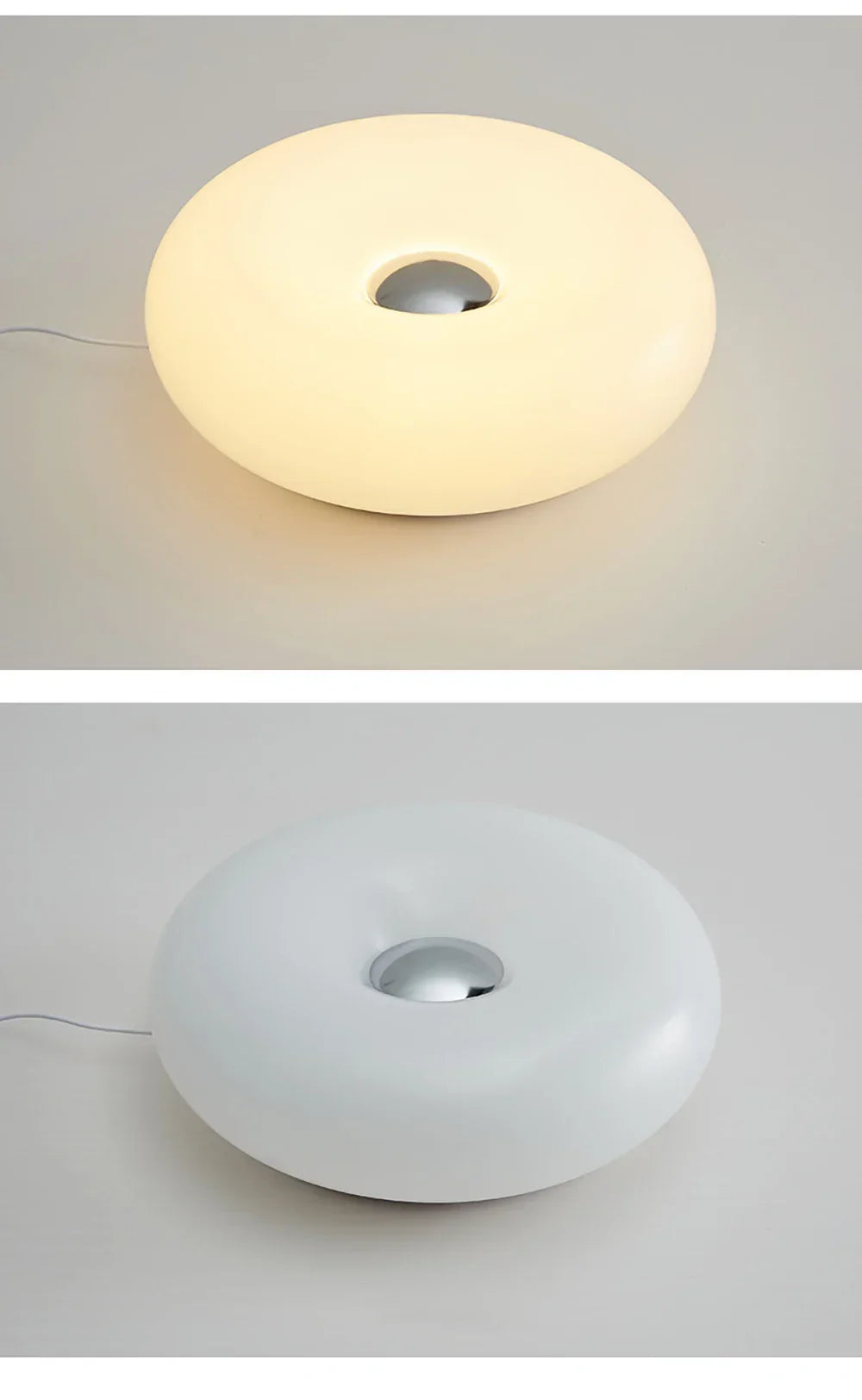 Modern donut-shaped desk lamp with white surface and central reflective chrome detail, lit and unlit