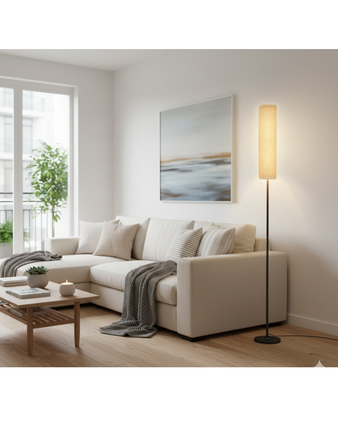 Tall fabric-shade LED floor lamp with 126 LEDs, 12W; beside a beige sofa; adjustable 2800K-7000K light with remote.