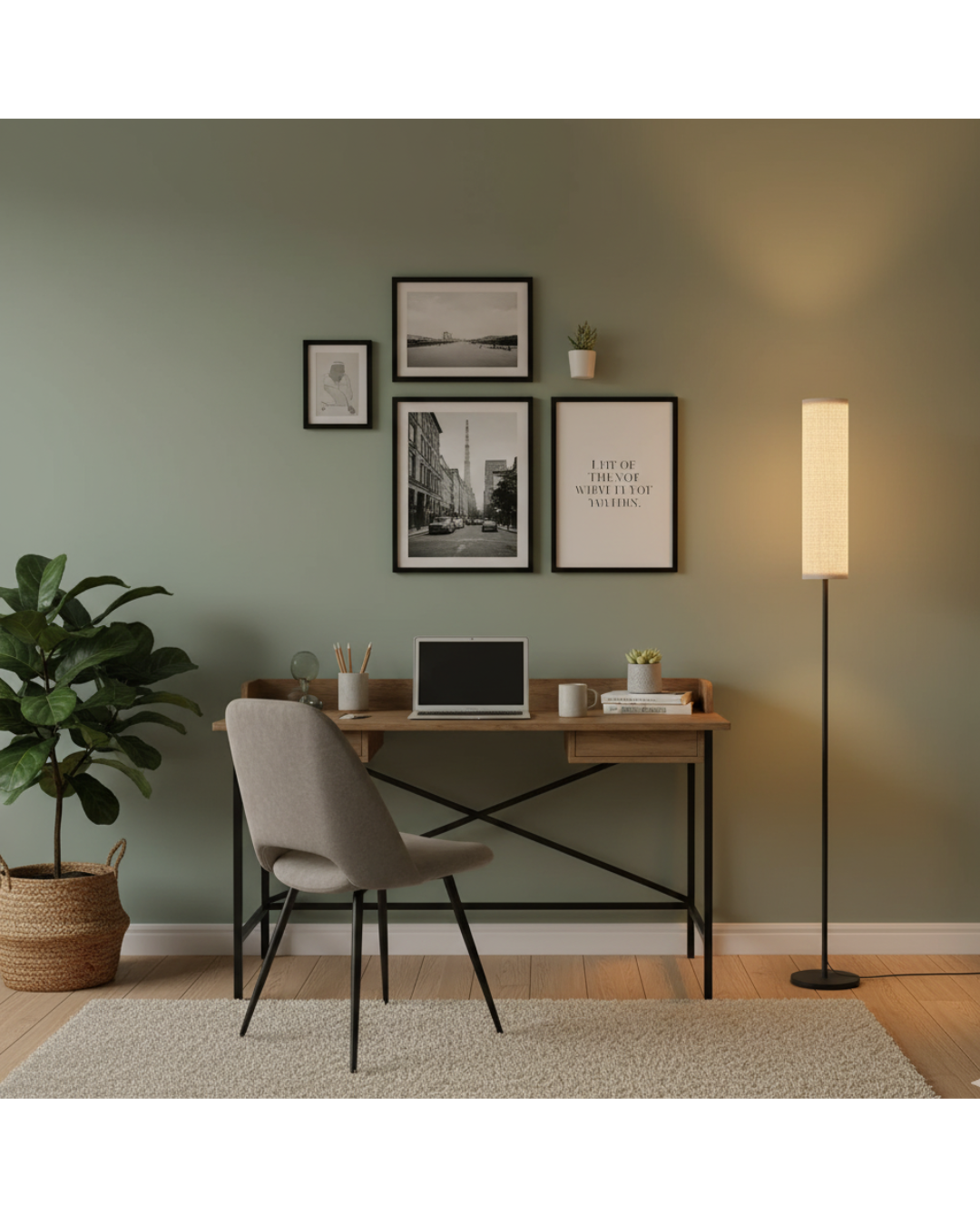 Tall 126LEDs floor lamp with a fabric shade and magnetic remote, adjustable 2800K-7000K color in a home office.