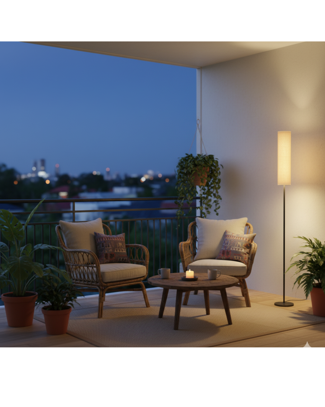 Cozy balcony lounge with wicker chairs, table, candles, potted plants, and a tall fabric shade floor lamp at dusk.