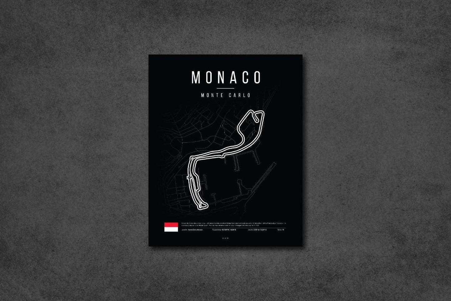 Monaco Monte Carlo race track map poster with white circuit lines on black background