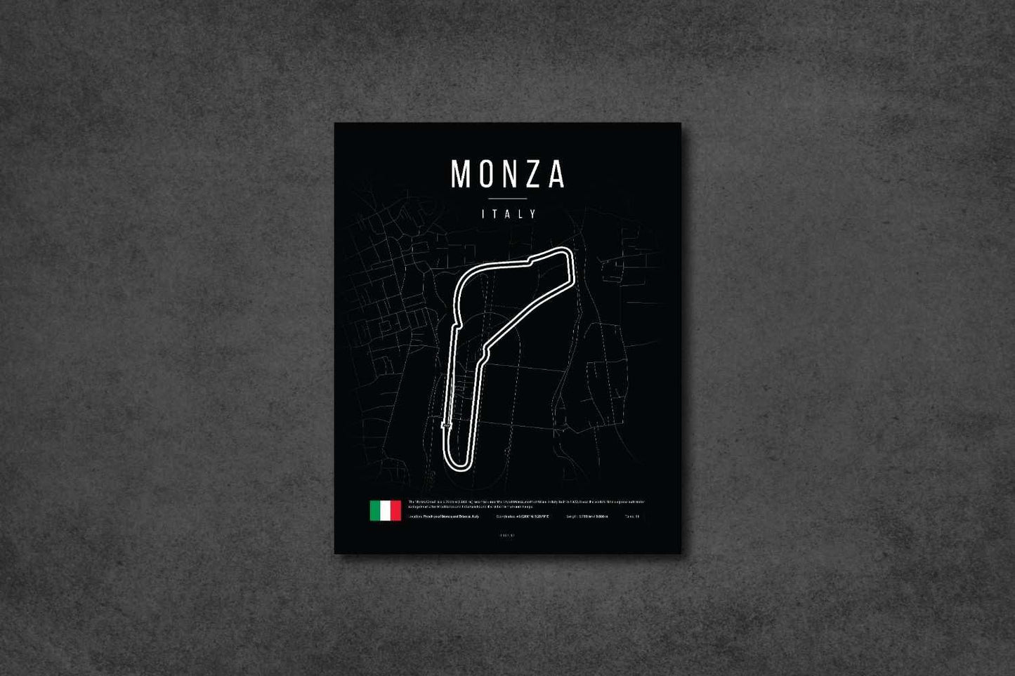 Monza Italy racing circuit map poster with black background and white track outline