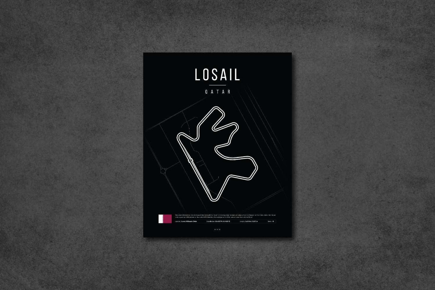 Minimalist black poster of Losail Qatar racing track layout with white circuit design and flag
