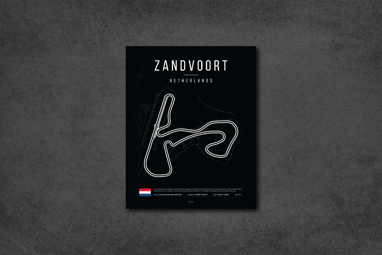 Minimalist black and white map of Zandvoort race track in the Netherlands with flag and track details