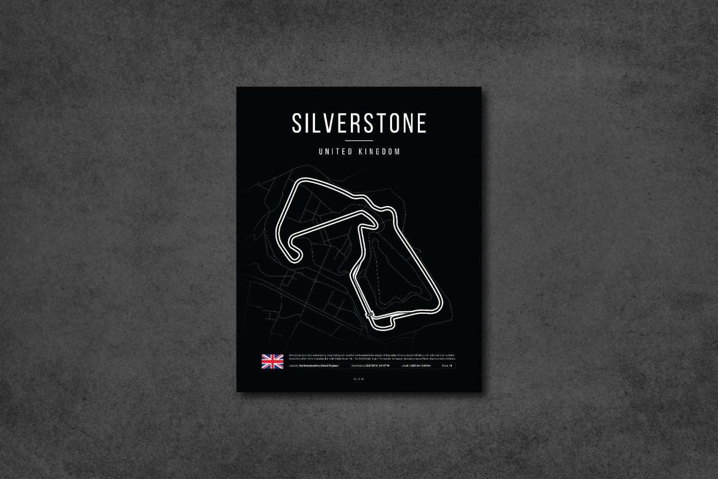 Silverstone race track map artwork in white on black background with UK flag and location details