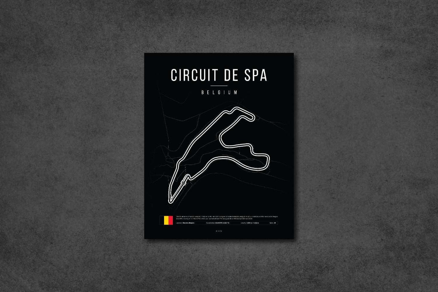 Minimalist Circuit de Spa Belgium race track map poster on dark textured background