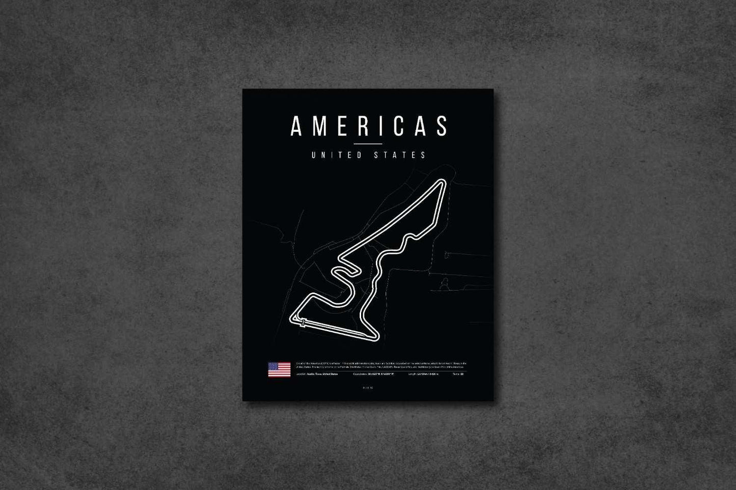 Minimalist black poster featuring Americas race track map in the United States with white outlined circuit design