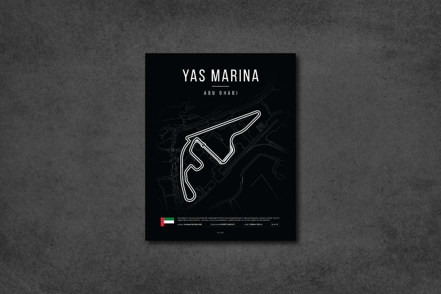 Minimalist black poster of Yas Marina Abu Dhabi F1 race track layout with white circuit lines