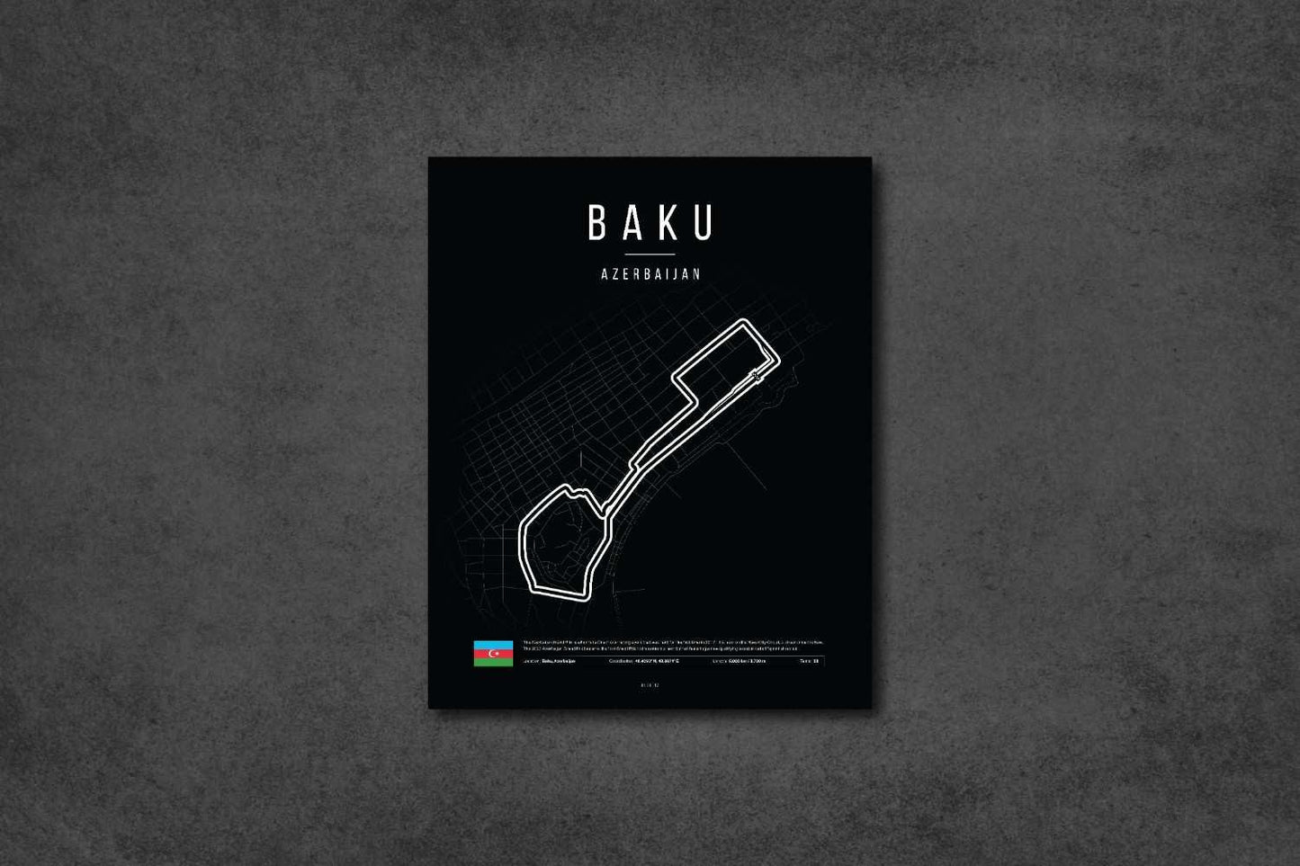 Minimalist black map poster of Baku, Azerbaijan with white outlines and national flag