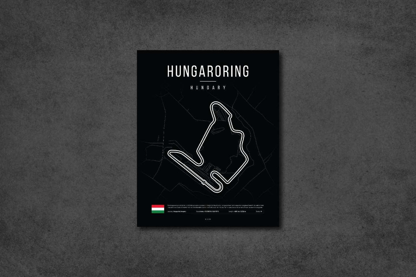 Minimalist black poster of Hungaroring race track layout in Hungary with map and flag