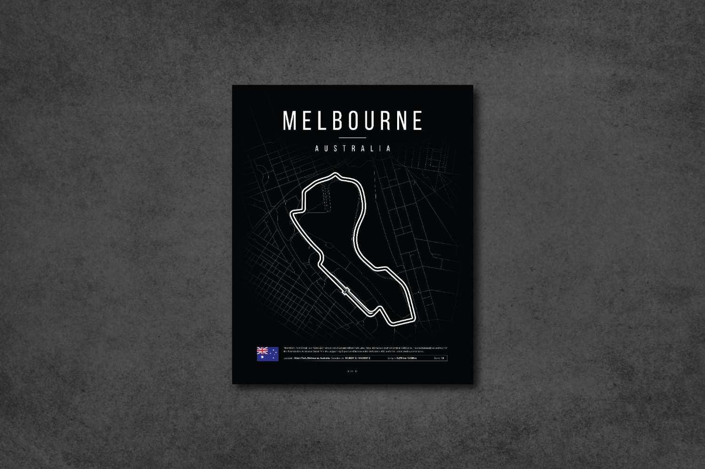 Minimalist black map poster of Melbourne, Australia with white race track outline and city grid