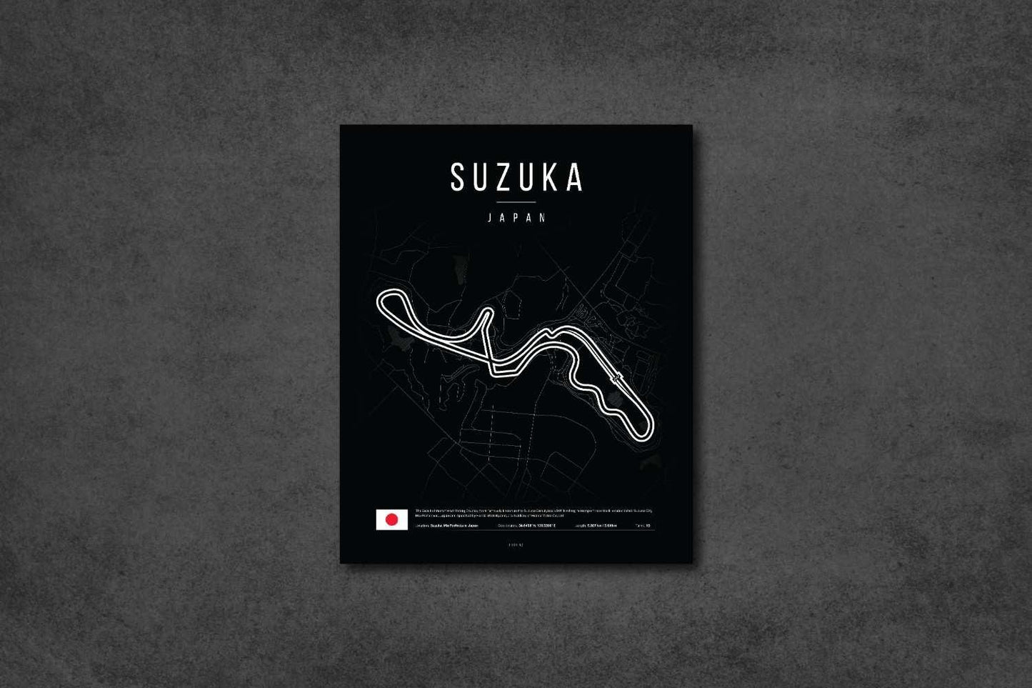 Black poster with white outline map of Suzuka race track in Japan and Japanese flag on dark textured background
