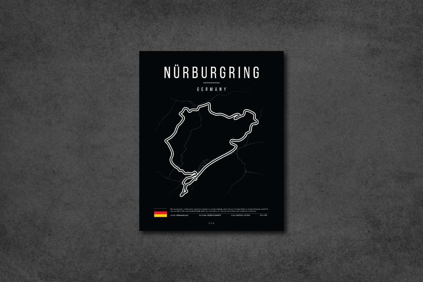 Minimalist black poster of Nürburgring race track map with white outline and German flag detail