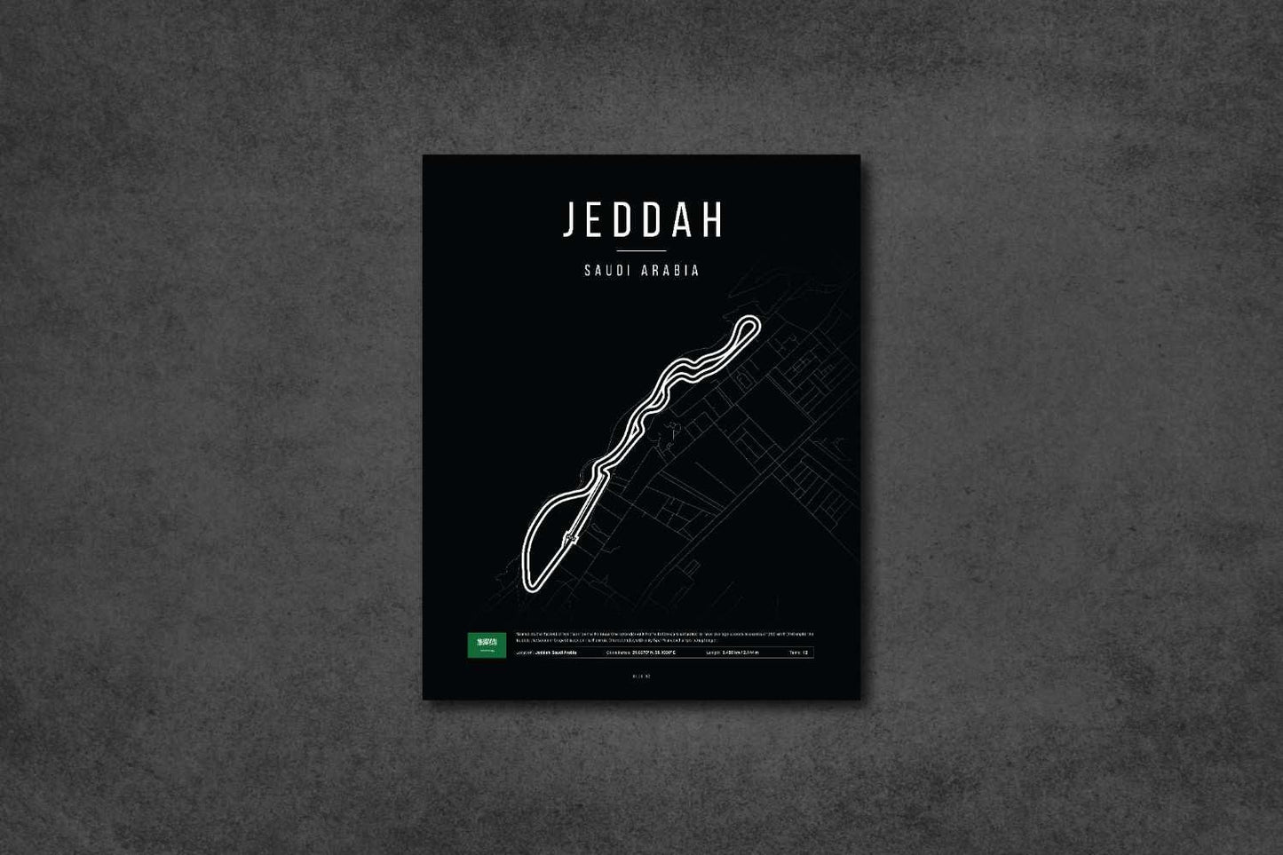 Minimalist black map poster of Jeddah, Saudi Arabia coastline with white outline and city grid