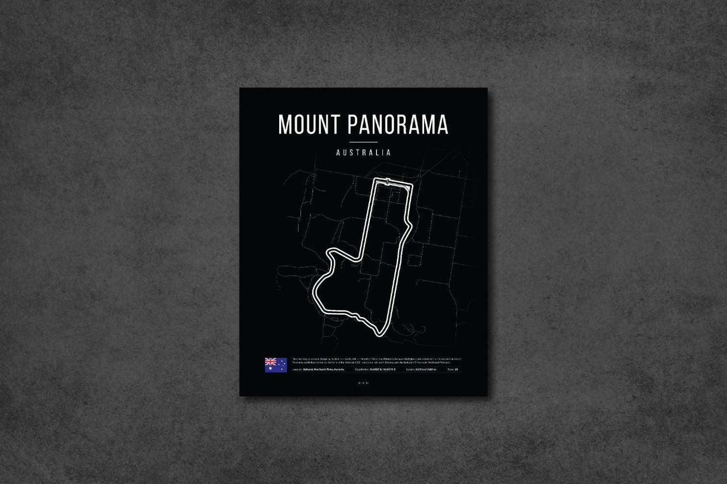 Minimalist black and white map poster of Mount Panorama racing circuit in Australia with route outline