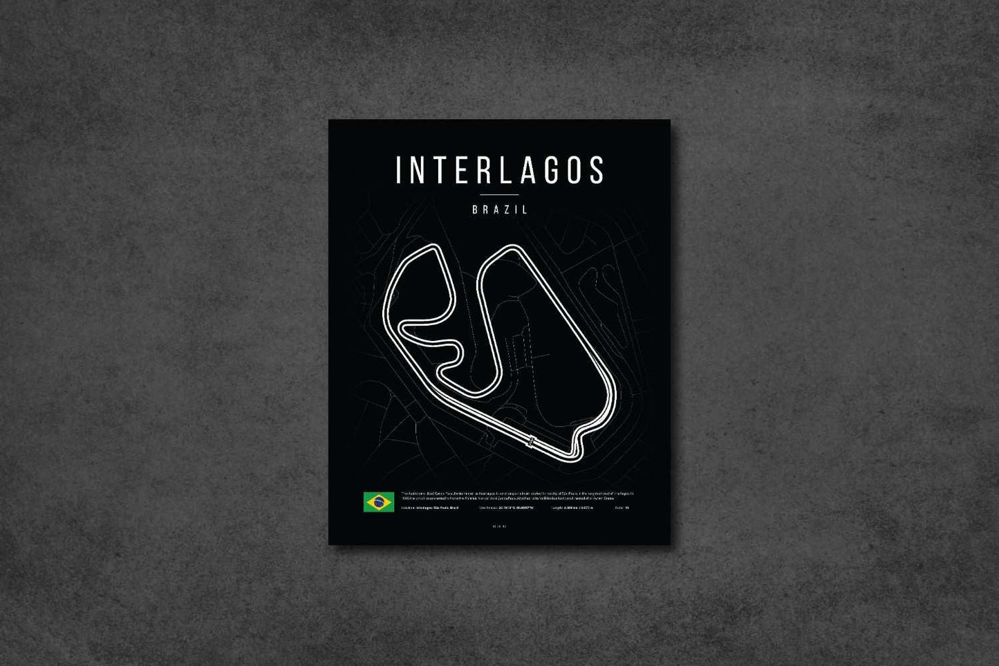 Minimalist Interlagos Brazil race track map poster with black background and white circuit lines