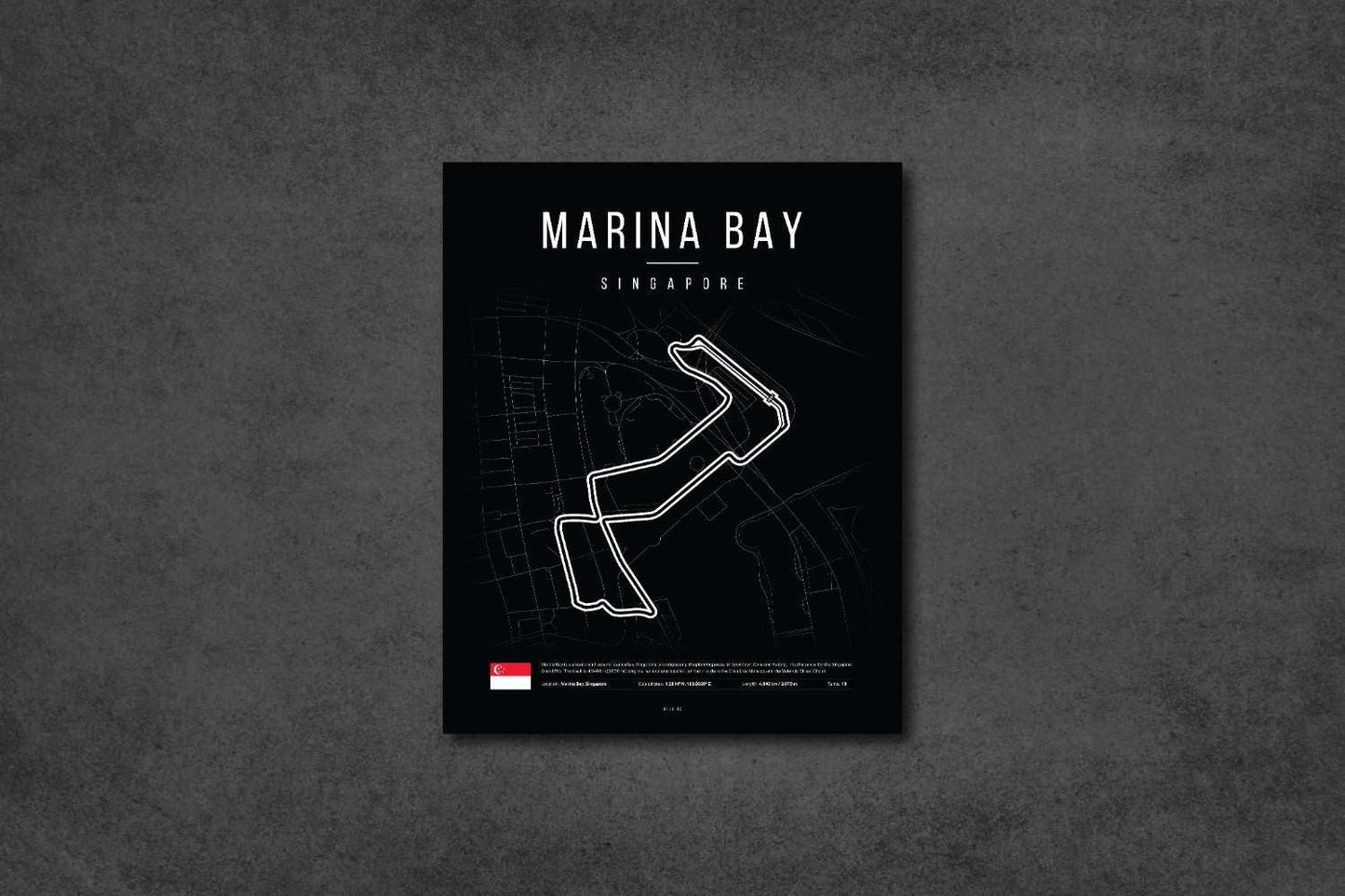 Minimalist black poster of Marina Bay Singapore with white circuit map and Singapore flag