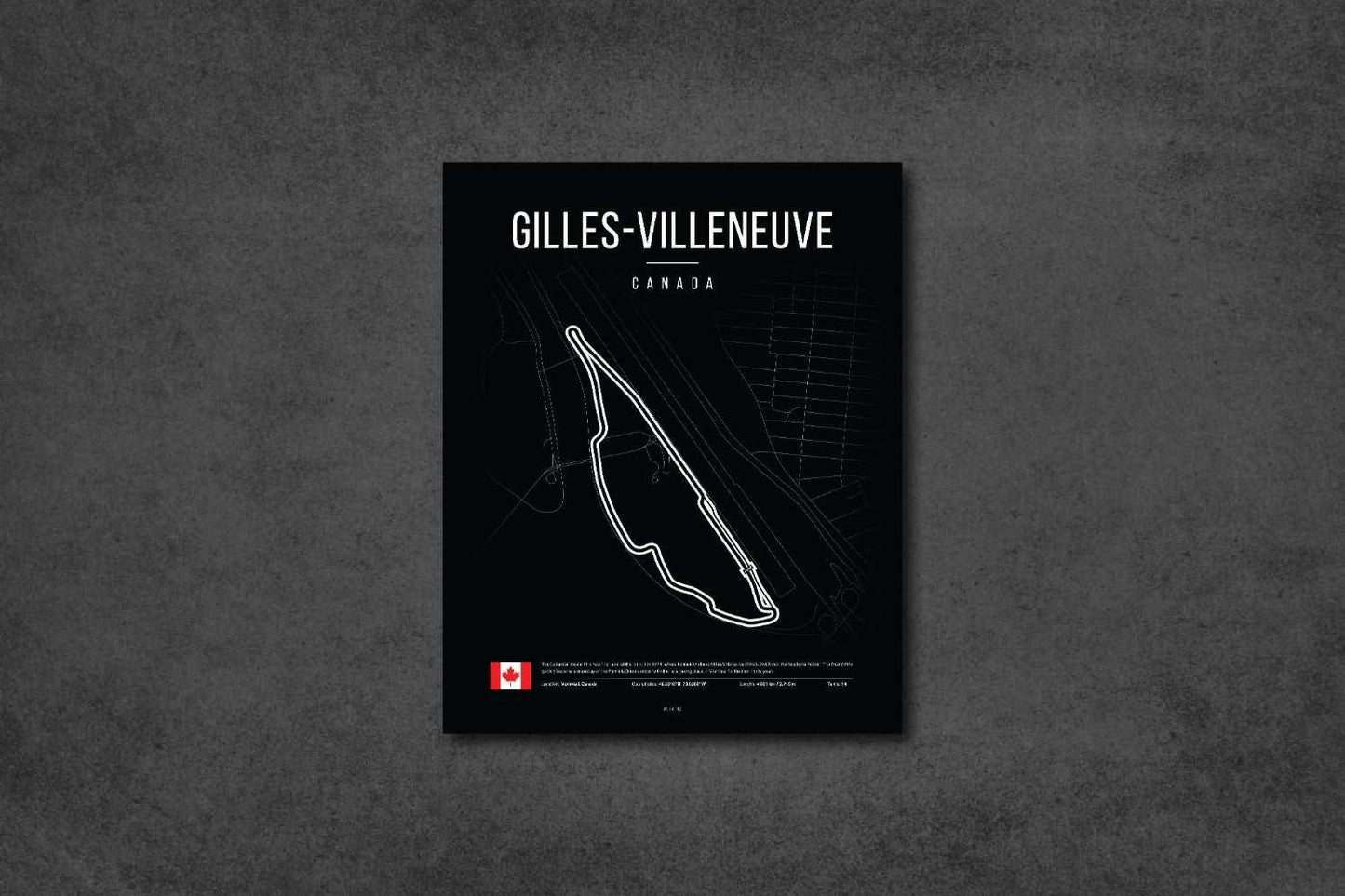 Minimalist black poster of Gilles-Villeneuve race track map in Canada with white circuit outline and Canadian flag