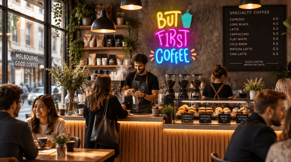 Infinity Lighting 'But First Coffee' pop art neon sign in a busy Melbourne specialty cafe