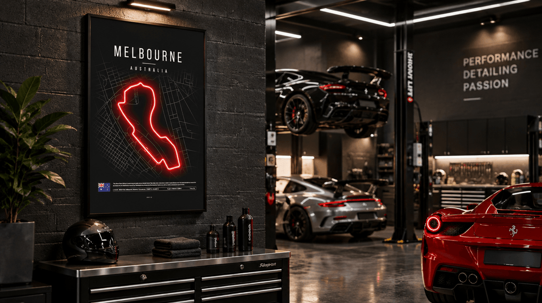 Infinity Lighting Melbourne F1 Circuit neon sign mounted in an Australian high-end workshop