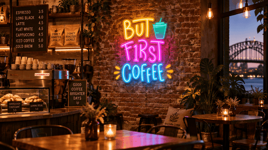 Infinity Lighting energy-efficient 'But First Coffee' neon sign in a Sydney cafe