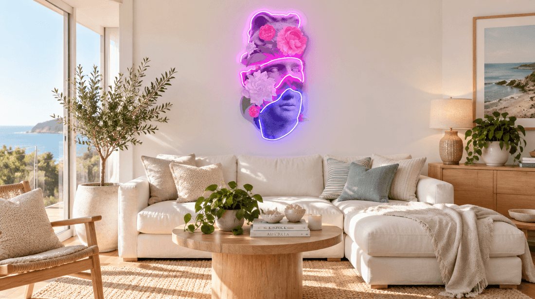 Infinity Lighting Apollo Flower Head UV LED Neon artwork in an Australian modern living room