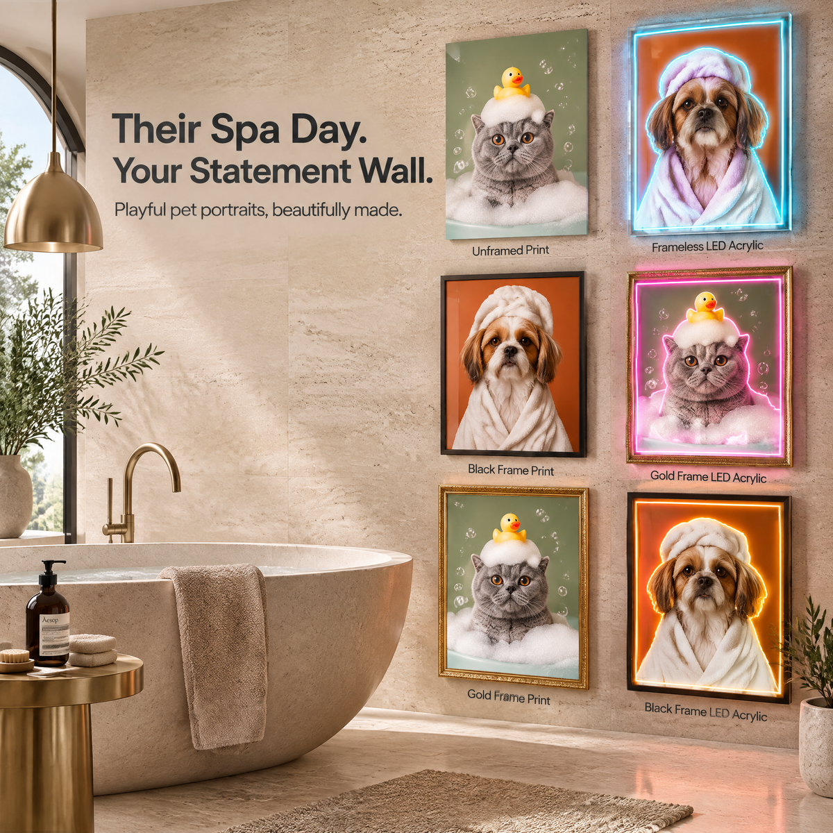 Custom Pet Portrait Neon Wall Art in Bathroom – Personalised Dog & Cat LED Neon Art