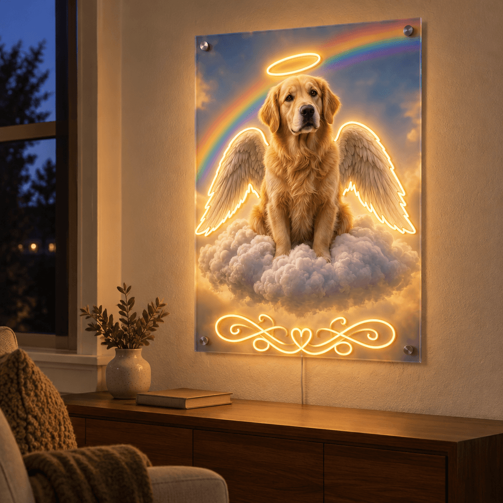 Custom pet memorial LED neon acrylic wall art featuring golden retriever angel with glowing halo, wings, and rainbow backdrop in cozy room setting.