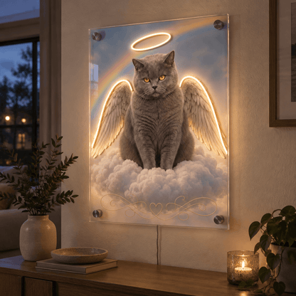 Custom pet memorial LED neon sign with grey cat angel, glowing halo, and illuminated wings on clouds in a cozy room setting.
