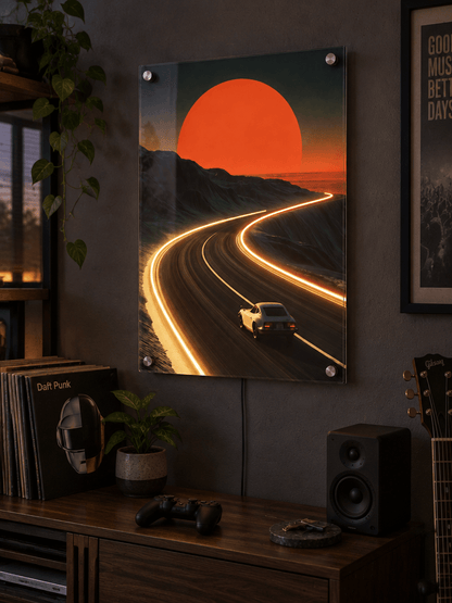 Glowing LED neon acrylic wall art featuring a classic sports car driving toward a giant red sunset on a winding highway, displayed in a stylish dark living room.