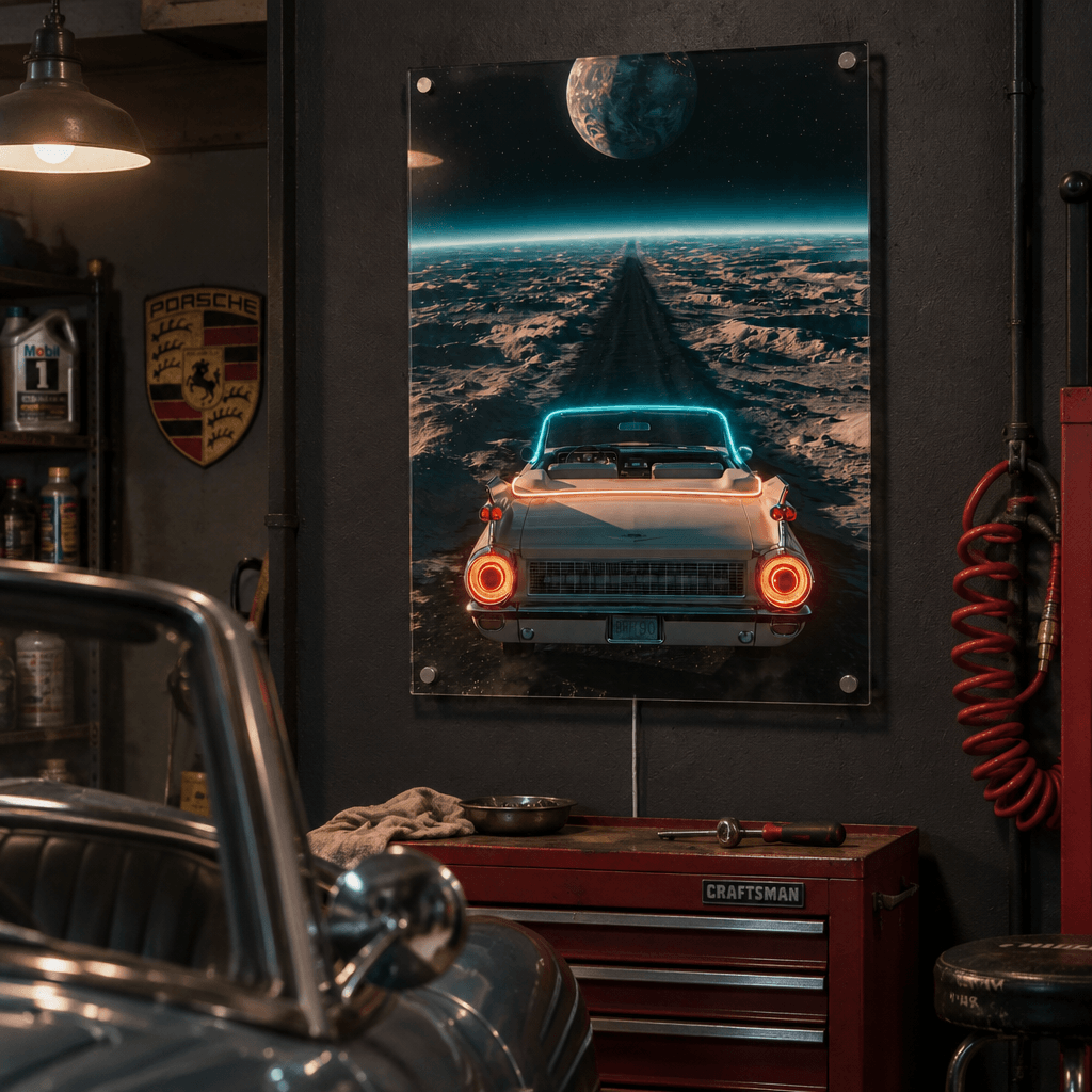 Glowing LED neon acrylic wall art featuring a vintage convertible driving on the moon towards Earth, styled in a dark atmospheric garage workshop.