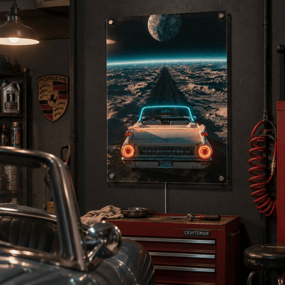 Glowing LED neon acrylic wall art featuring a vintage convertible driving on the moon towards Earth, styled in a dark atmospheric garage workshop.