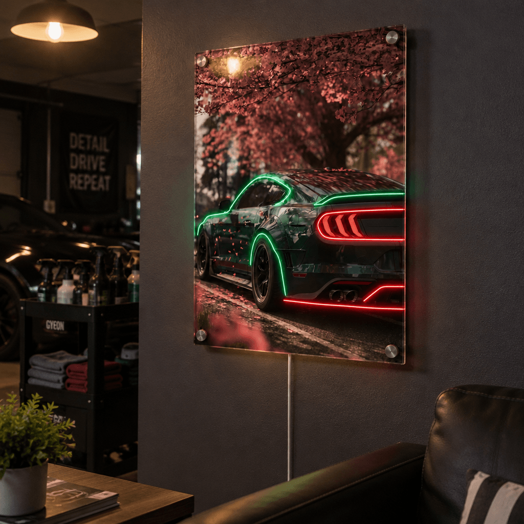 LED neon acrylic wall art of a modern muscle car under cherry blossom trees, glowing red and green accents in a stylish dark garage lounge interior.