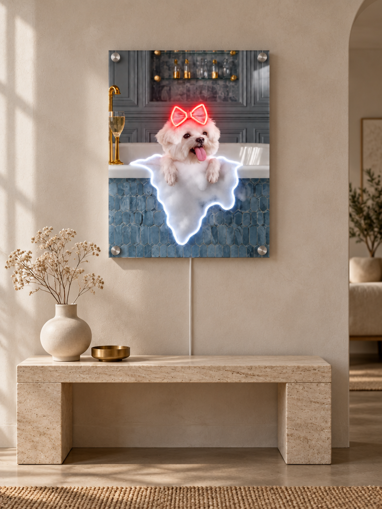 Custom Pet Portrait Neon Wall Art in Bathroom – Personalised Dog & Cat LED Neon Art