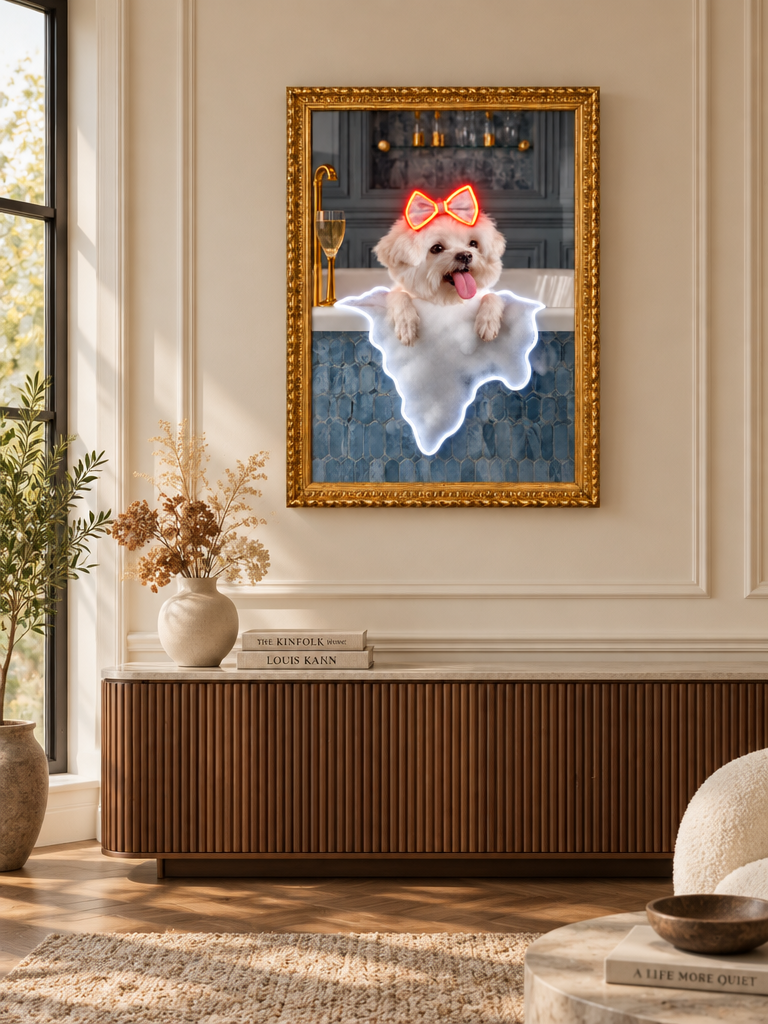 Custom Pet Portrait Neon Wall Art in Bathroom – Personalised Dog & Cat LED Neon Art