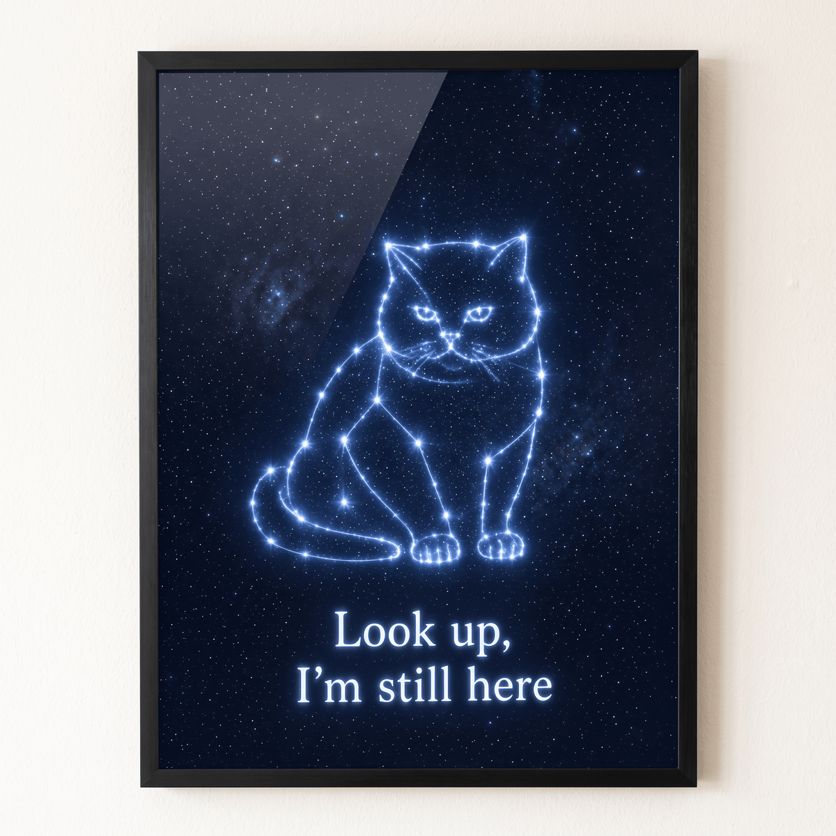 Cat constellation memorial art canvas print with sleek black frame, featuring glowing stars in a night sky and touching pet remembrance quote.