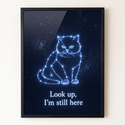 Cat constellation memorial art canvas print with sleek black frame, featuring glowing stars in a night sky and touching pet remembrance quote.