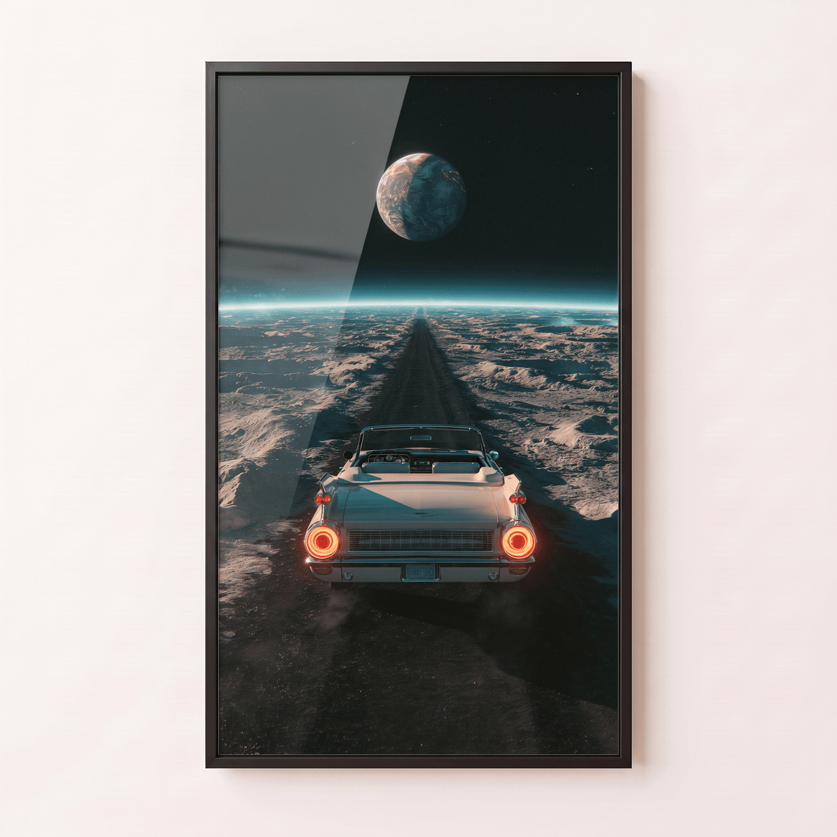 Black framed canvas print featuring a vintage convertible driving on the moon towards Earth in deep space, retro sci-fi surreal wall art.