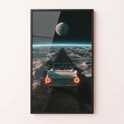 Black framed canvas print featuring a vintage convertible driving on the moon towards Earth in deep space, retro sci-fi surreal wall art.