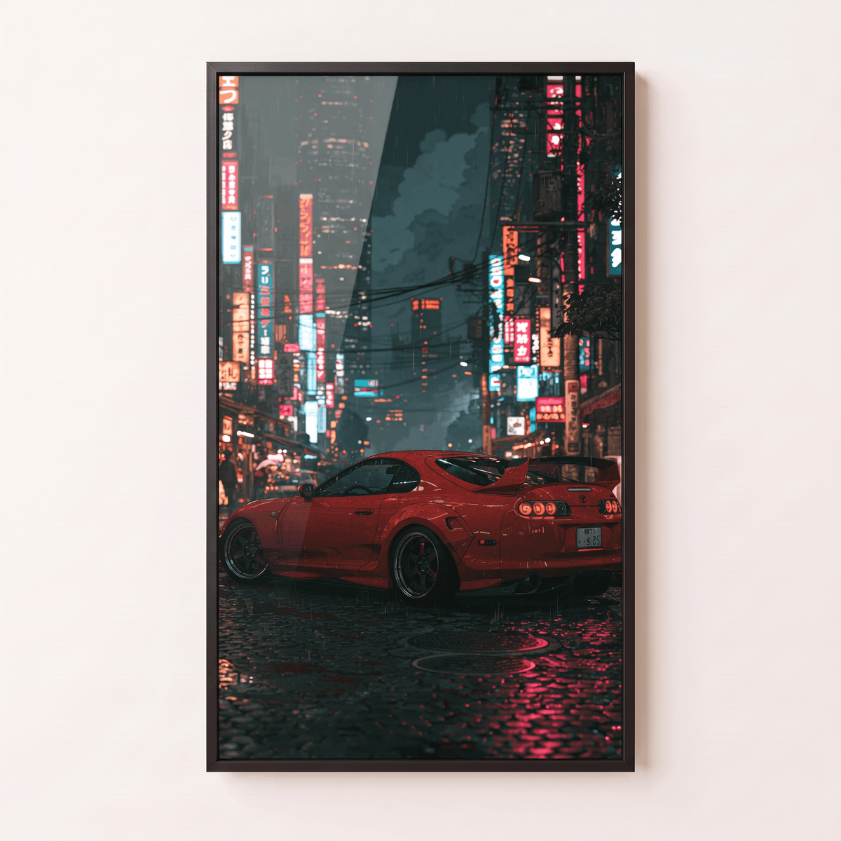 Red sports car night city print in white frame