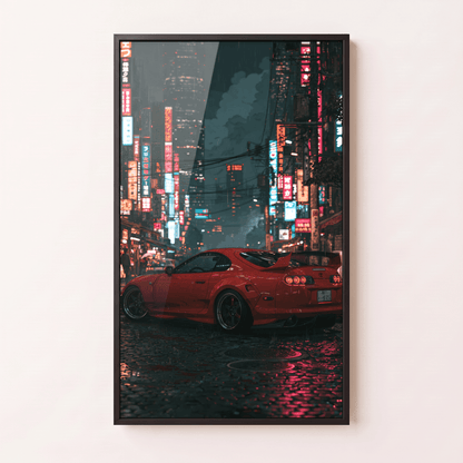 Red sports car night city print in white frame