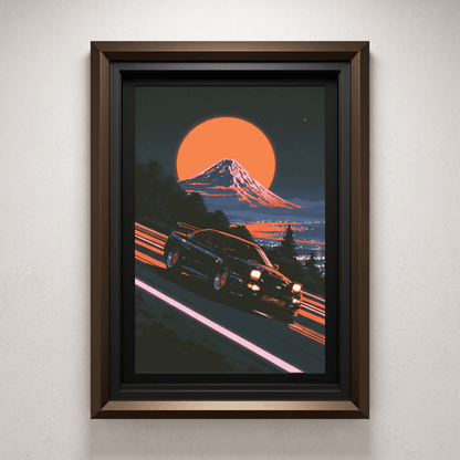 Black framed canvas print featuring a JDM style sports car drifting along a mountain pass under a glowing harvest moon and snow-capped peak.