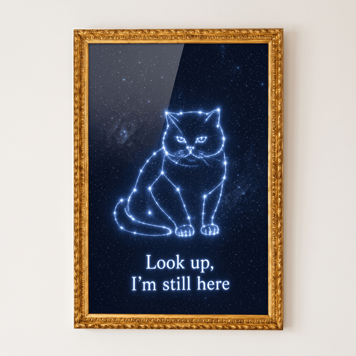 Pet memorial canvas print in ornate gold frame with glowing cat constellation and 'Look up, I'm still here' text on a starry night sky background.