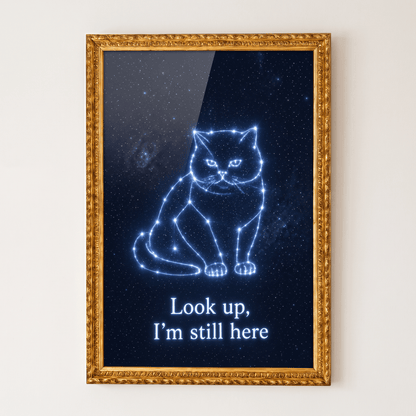 Pet memorial canvas print in ornate gold frame with glowing cat constellation and 'Look up, I'm still here' text on a starry night sky background.