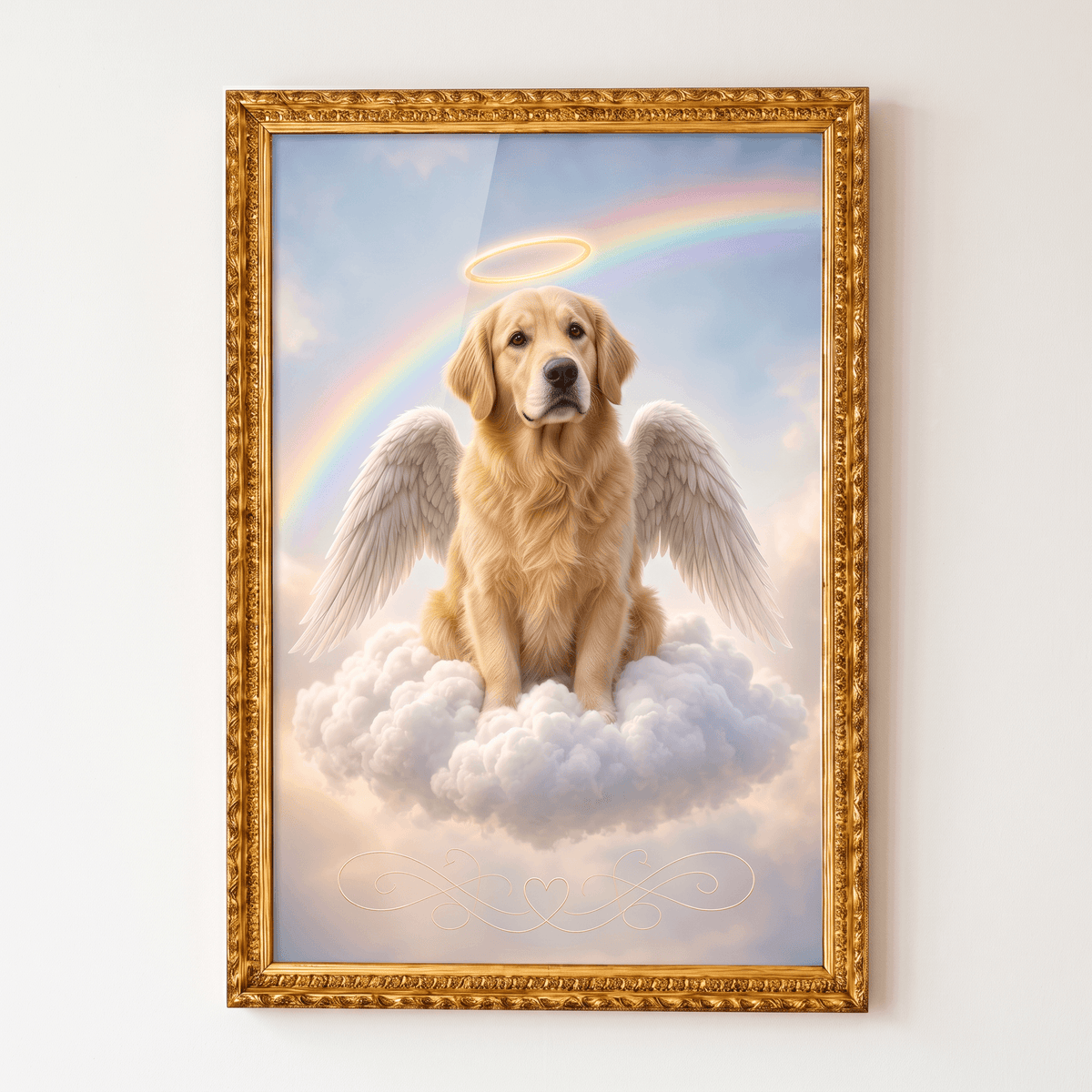 Pet memorial canvas wall art featuring an angel golden retriever with halo and wings on a cloud with rainbow, housed in an ornate gold frame.